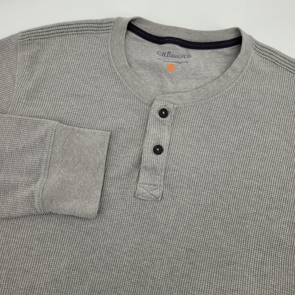 GH Bass & Co Mens XL Gray Waffle Knit Henley Long Sleeve Thermal Outdoor Shirt